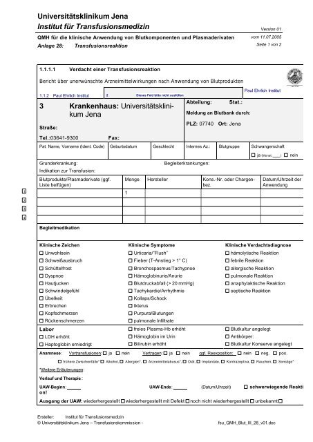 Universitätsklinikum Jena Institut für Transfusionsmedizin 3 ...