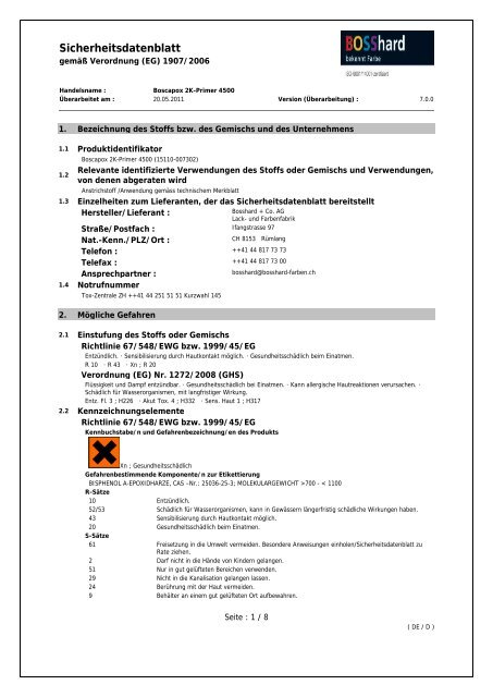 Sicherheitsdatenblatt - BOSShard Farben