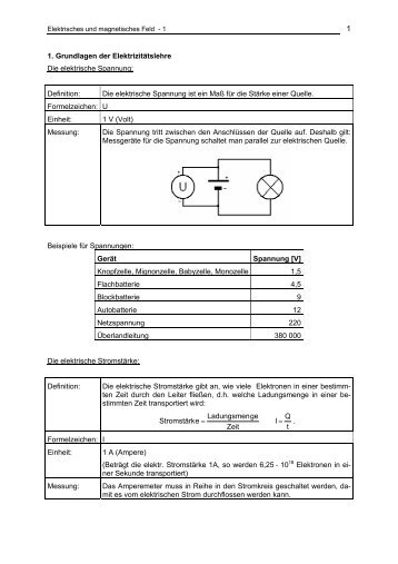 1. Grundlagen der Elektrizitätslehre Die elektrische Spannung ...