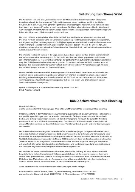BUND Baden-Württemberg Aktionsideen Thema Wald
