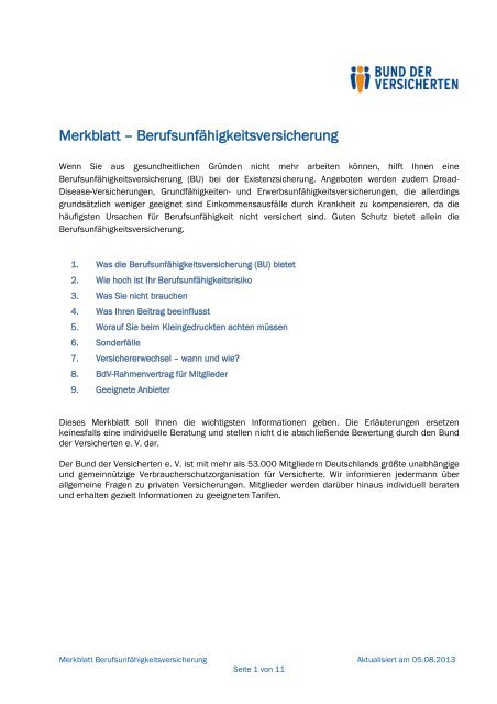 Merkblatt Berufsunfahigkeitsversicherung Bund Der Versicherten
