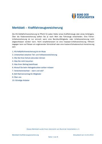 Merkblatt – Kraftfahrzeugversicherung - Bund der Versicherten e.V.