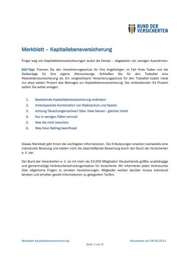 Merkblatt – Kapitallebensversicherung - Bund der Versicherten e.V.