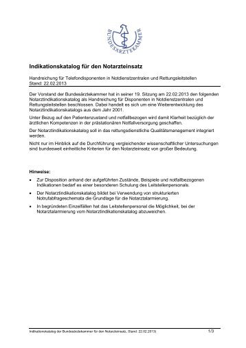 Indikationskatalog für den Notarzteinsatz - Bundesärztekammer