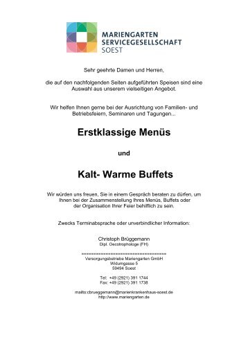 Erstklassige Menüs Kalt- Warme Buffets - Mariengarten