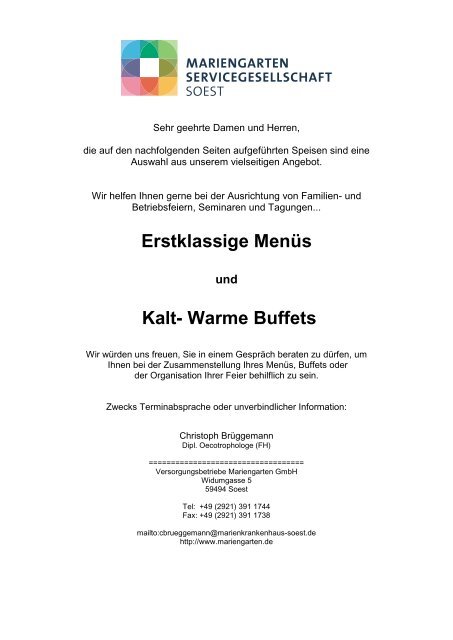 Erstklassige Menüs Kalt- Warme Buffets - Mariengarten