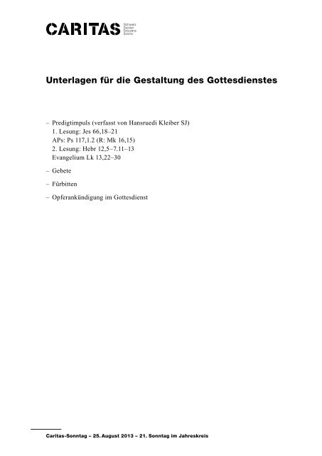 Gottesdienstunterlagen - CARITAS - Schweiz