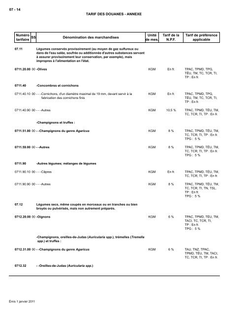 Tarif complet - Agence des services frontaliers du Canada