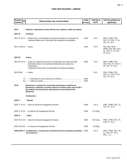 Tarif complet - Agence des services frontaliers du Canada