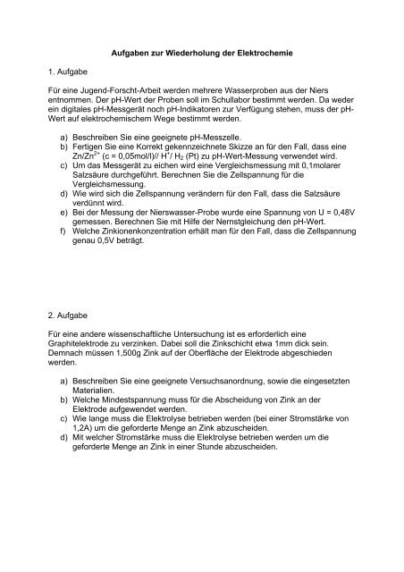 Aufgaben zur Wiederholung der Elektrochemie