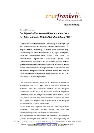 Internationaler Kräuterlikör des Jahres 2013 - Churfranken