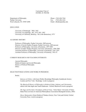 Curriculum Vitae of DANIEL H. FRANK ... - Purdue University