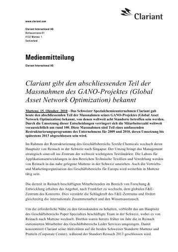 Medienmitteilung Clariant gibt den abschliessenden Teil der ...