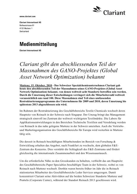 Medienmitteilung Clariant gibt den abschliessenden Teil der ...