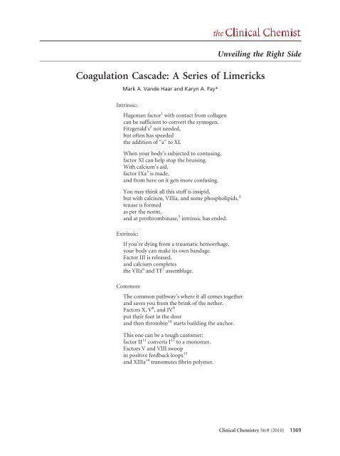 Coagulation Cascade: A Series of Limericks - Clinical Chemistry