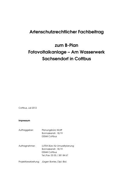 Artenschutzrechtlicher Fachbeitrag - Cottbus