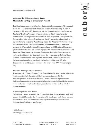 Pressemitteilung cuboro AG 1870 Zeichen Hasliberg, Februar 2005