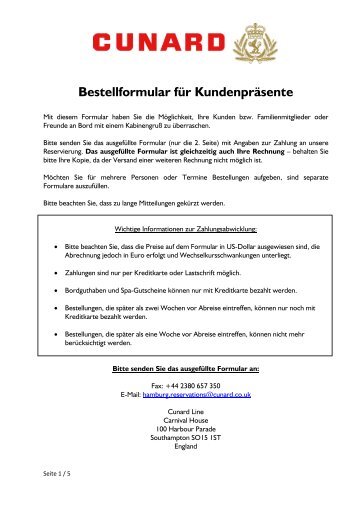 Bestellformular für Kundenpräsente - Cunard