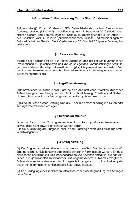 Informationsfreiheitssatzung für die Stadt Cuxhaven