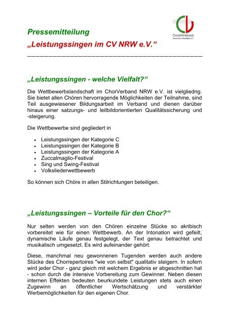 Pressemitteilung Leistungssingen - ChorVerband NRW eV