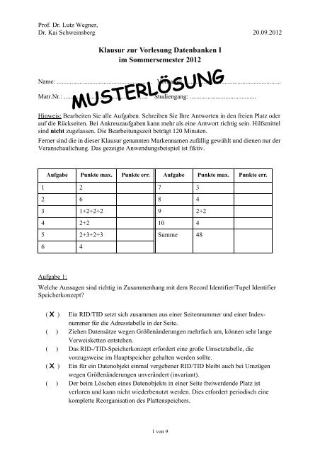 MUSTERLÖSUNG - Praktische Informatik / Datenbanken