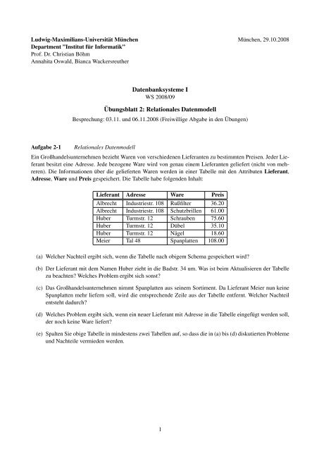 Datenbanksysteme I ¨Ubungsblatt 2: Relationales Datenmodell