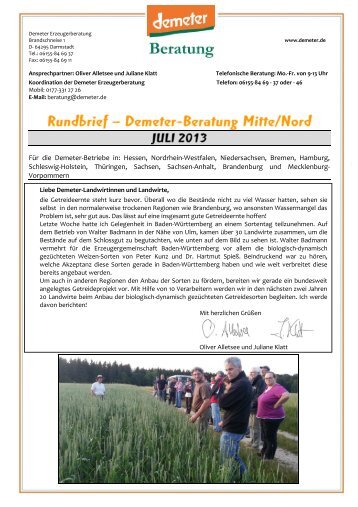Beraterrundbrief Landwirtschaft Juli 2013 - Demeter