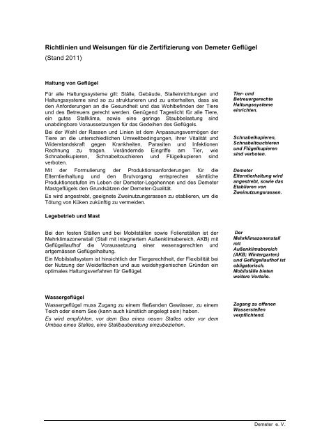 Richtlinien und Weisungen für die Zertifizierung von Demeter Geflügel