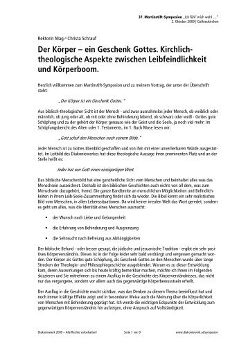Der Körper – ein Geschenk Gottes. Kirchlich- theologische Aspekte ...