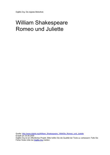 William Shakespeare Romeo Und Juliette Digbib Org