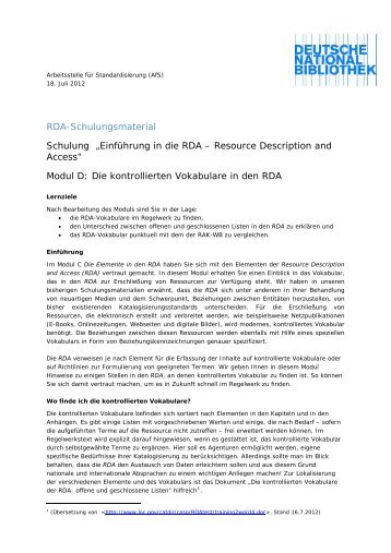 „Einführung in die RDA – Resource Description and Access“ Modul D