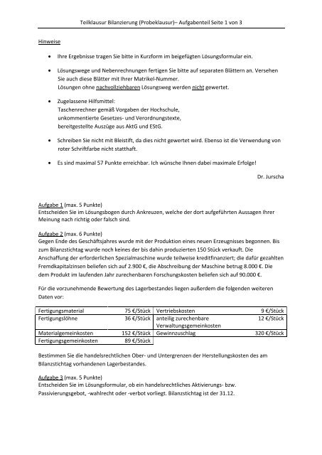 Teilklausur Bilanzierung (Probeklausur)– Aufgabenteil Seite 1 von 3 ...