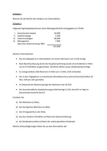 Übungen zu Aktien(analyse)