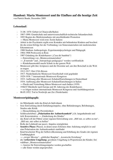 Handout: Maria Montessori und ihr Einfluss auf ... - Dr. Hans Toman