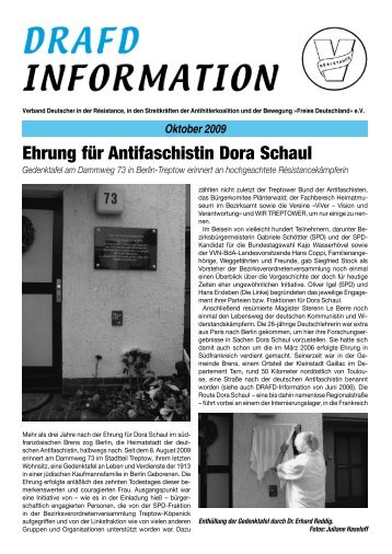 Ehrung für Antifaschistin Dora Schaul - DRAFD eV