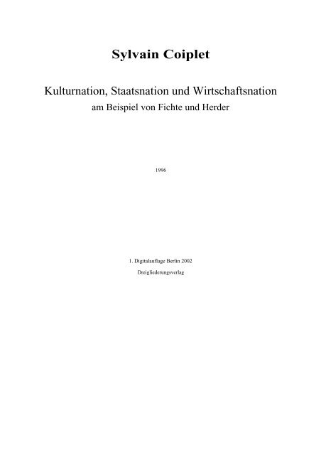 Kulturnation, Staatsnation und Wirtschaftsnation bei Fichte und Herder