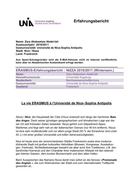 ERASMUS-Erfahrungsbericht : NIZZA 2010/2011 - Akademisches ...