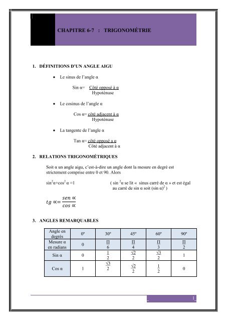 CHAPITRE 6-7 : TRIGONOMÉTRIE