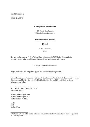 Urteil des LG Mannheim vom 27.6.1990 – (23) 6 KLs ... - EFA-Schriften