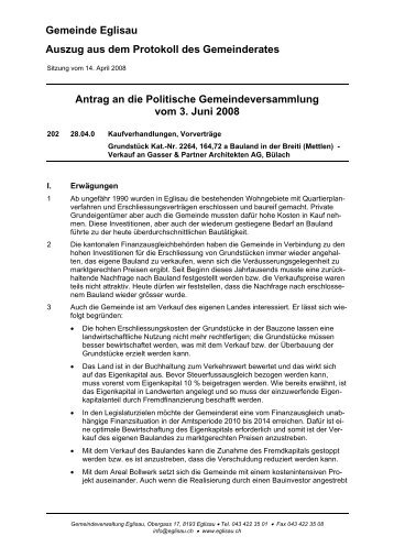 Gemeinde Eglisau Auszug aus dem Protokoll des Gemeinderates ...