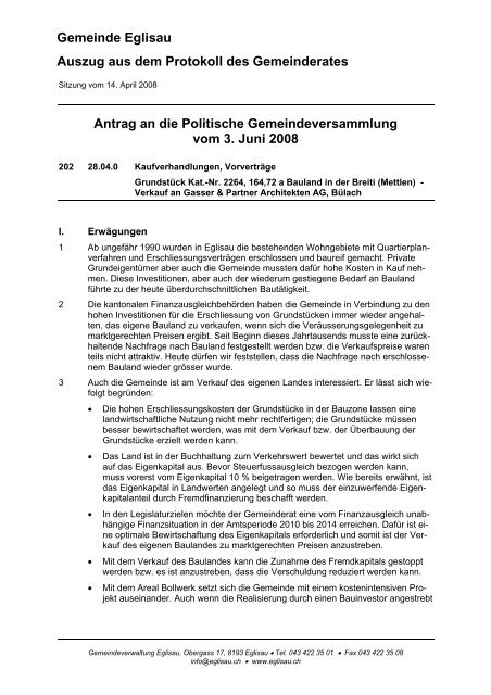 Gemeinde Eglisau Auszug aus dem Protokoll des Gemeinderates ...