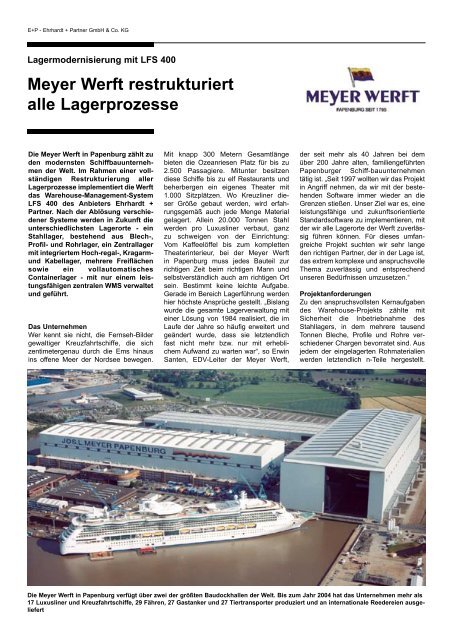 Meyer Werft restrukturiert alle Lagerprozesse - Ehrhardt + Partner