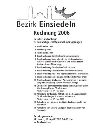 Bezirksrechnung 2006 - Bezirk Einsiedeln