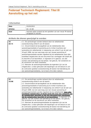 Federaal Technisch Reglement: Titel III Aansluiting op het net - Elia