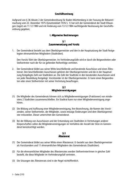 I. Geschäftsordnung des Gemeinderats - Stadt Ellwangen