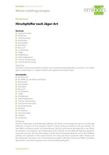Hirschpfeffer nach Jäger-Art - Emil Bollis Kochfeld