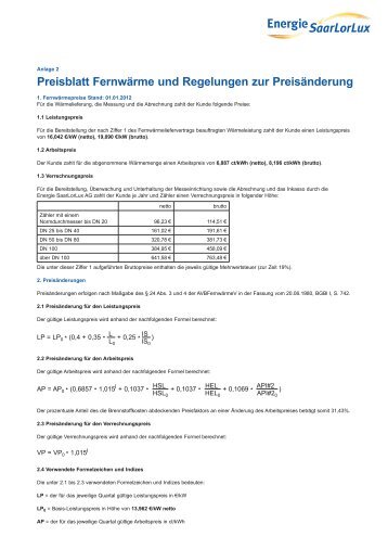 Preisblatt Fernwärme und Regelungen zur Preisänderung - Energie ...