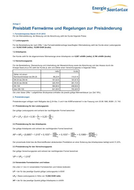 Preisblatt Fernwärme und Regelungen zur Preisänderung - Energie ...