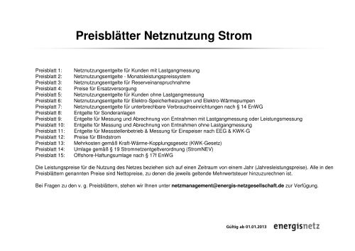 Preisblatt Netznutzung Strom energis-Netzgesellschaft mbH 2013