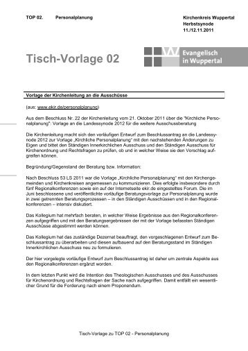 Tisch-Vorlage 02 zu Top Personalplanung - Evangelisch in Wuppertal